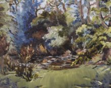 An interesting mid-century oil on board with impasto, depicting stepping stones across a garden