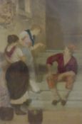 An early 20th century hand-tinted print, depicting a playful exchange between a seated gentleman and