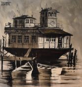 A large mid-century Giclee print on canvas, a striking image of a moored boat 'Neptune' facsimile