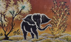 An attractive 20th century framed Indonesian Batik, depicting a Sumatran elephant within a