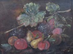 A 20th century oil on canvas, still life study, an arrangement of fruit, unsigned within a moulded