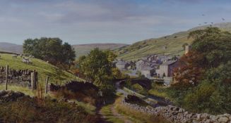 After Keith Melling (British b.1946) colour print, rural village scene with bridge, signed in pencil