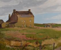 A mid century oil on board, Orkney scene with residential buildings, initialled JMB lower right,