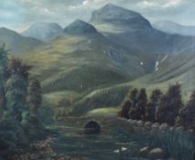 Henry Herbert (British 19th century) oil on canvas 'Langdale Pikes' with Slaters Bridge,