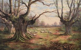 A well executed late 19th century watercolour, a woodland pastoral clearing with prominent oak trees