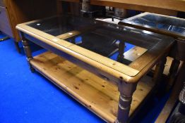 Two vintage pine and glass coffee tables, rectangular and square