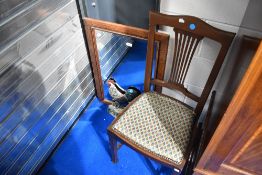 An Edwardian mahogany bedroom chair, stained frame mirror and cockerel door stop