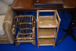 A canework childs chair and a three tier shelf