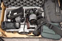A Chinon CE4 SLR camera with Vivitar 80-200mm lens, Chinon 50mm lens and Cobra 28mm lens, Brawn