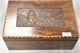 An Edwardian olive wood jewellery box, having carved scene entitled Jerusalem to lid, internal