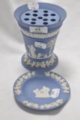 Two vintage pieces of Wedgwood Jasperware in pale blue, including pin dish and vase.