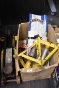 A selection of garage items, axle stands, jack, gaskets and lights to be included.