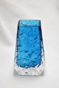 A mid century Whitefriars glass coffin vase in kingfisher blue, designed by Geoffrey Baxter.
