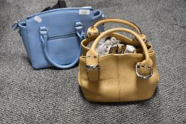 Two handbags, one of blue PVC by David Jones and the other beige leather by Tignanello, both