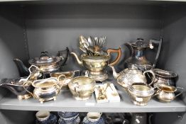 A mixed lot of flat ware, to include plated teapot, etc and cutlery.