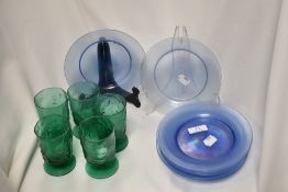 A collection of vintage blue glass plates, having lustre finish and five green moulded glasses.