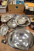 a collection of vintage plated ware; trays and highly decorative Bon-Bon dishes included.