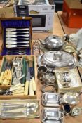 A mixed lot of flat ware, including silver plated, Bone handled cutlery, boxed fish knives, toast