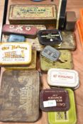 A collection of vintage advertising tins, including tobacco, Rivets and OXO.