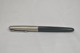 A Parker 51 aerofill fountain pen in navy grey with lustraloy cap. In good condition