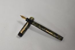 A Valentine lever fill fountain pen in green hatch with Valentine nib in soft case. Good condition