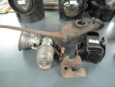 Two Miller Cycle Lamps along with an LNER Oil Can and a cast iron small mount/chair