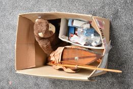 A box of mixed Toys including Dinky and Corgi playworn Diecasts, wooden Pond Yacht and a plush