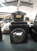 A Sandstar Railway Crossing Lamp having single lens and carry handle, height 38cm