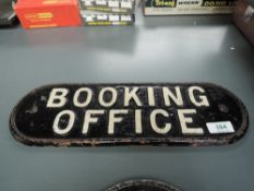 A cast metal Railway Sign, Booking Office, in black with white lettering