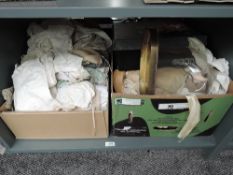 Two boxes of Victorian and later Doll's Clothing and Accessories, Glass Dome, Pin Head Dolls, wooden