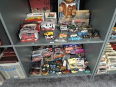 Two shelves of modern diecasts including Models of Yesteryear, Efsi, Burago 1:18 3012 Bugatti