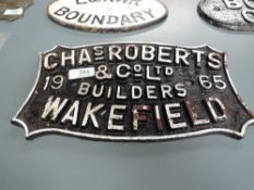 A cast metal Wagon Plate, Chas Roberts & Co Ltd, Wakefield, Builders 1965, in black with white
