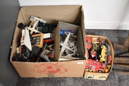 Two boxes of playworn diecasts including Dinky, Corgi, Tonka etc along with many made up plastic kit