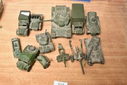 Eleven Dinky Military playworn diecasts including Centurian Tank, Army Wagon, Field Guns etc and a