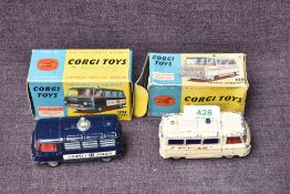 Two Corgi diecasts, 463 Commer Ambulance in white with red interior and 464 Commer Police Van in
