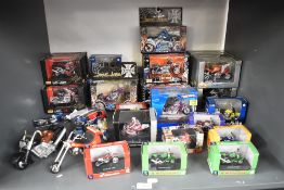 A shelf of modern diecast Motor Cycles including Maisto 1:18 scale Special Edition and Harley