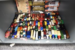 A shelf of playworn diecasts including Lledo Days Gone, Models of Yesteryear and similar, approx