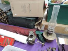 Two brass oil lamps, a Permanent Way Railway Flag and a reproduction Flying Scotsman Poster (