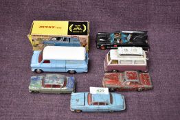 A Dinky diecast, 407 Ford Transit Van in light blue with white roof and red interior, in original