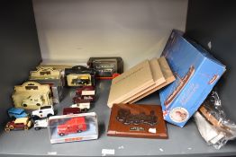 A shelf of modern diecasts including Dinky, Corgi, Days Gone etc, Atlas Locomotive Legends sets