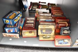 A shelf of Modern diecasts including Matchbox K138 Fire Rescue Set, K39 Fire Tender and K144 Road