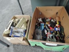 Two boxes of mixed diecasts including playworn, Dinky, Corgi etc along with modern Models of