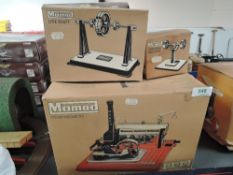 A Mamod Live Steam Engine SP5 along with Line Shaft and Grinding Machine, all three items in
