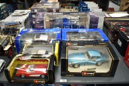 Six Burago and Revell 1:18 & 1:24 scale diecasts, Burago Jaguar E Type 1961, Chevrolet Corvette