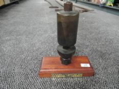 A Class 9F Loco Whistle 92118 10A Carnforth on wooden plinth with plaque