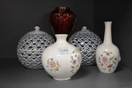 Two small Minton 'Haddon Hall'vases, a pair of Walter Germany reticulated blue and white vases and