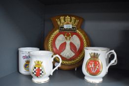 Four Barrow ship building related cups with a vintage Victorious plaque.