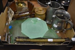 A green glass Art Deco style dressing table set including tray, lidded dish and trinket bowl, two