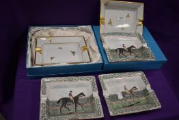 Five modern hand painted porcelain dishes including Bumble bee and Horse Racing.