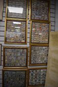 Eight sets of framed 20th century cigarette cards including wildlife and transport.
